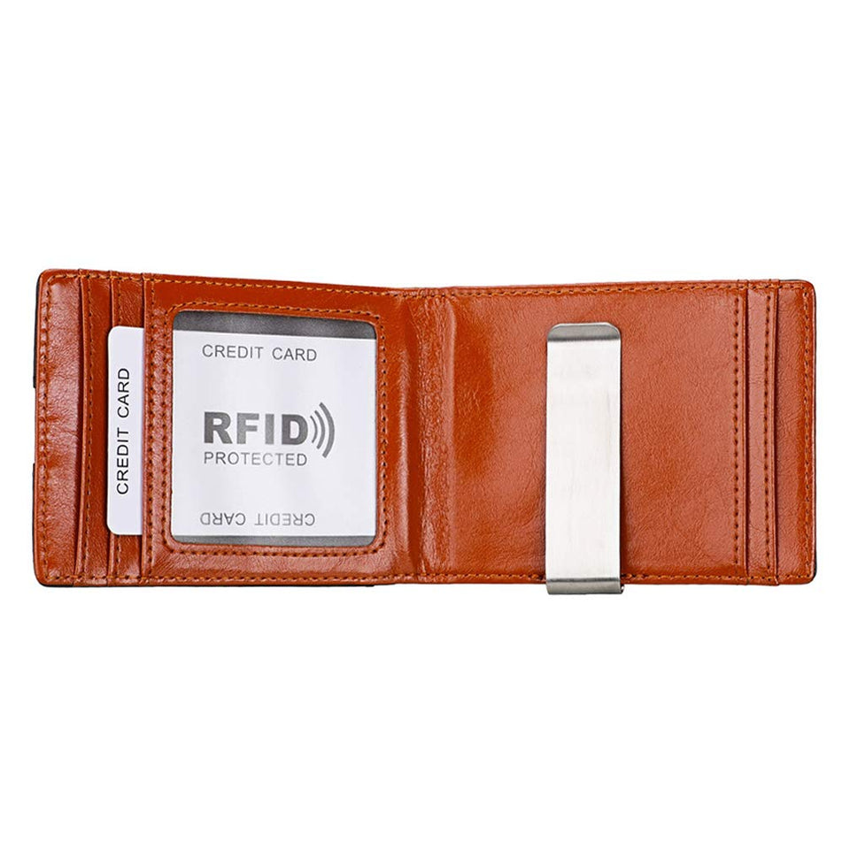 Carteras para Hombre RFID que Bloquean el Dinero Clip de Doble Pliegue Delgado Genuino Billetera de Cuero para Hombres con Ranura para Tarjeta de Crédito en La ventana con ID De bolsillo