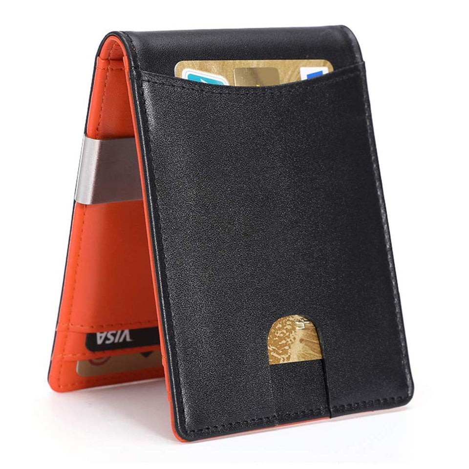 Carteras para Hombre RFID que Bloquean el Dinero Clip de Doble Pliegue Delgado Genuino Billetera de Cuero para Hombres con Ranura para Tarjeta de Crédito en La ventana con ID De bolsillo