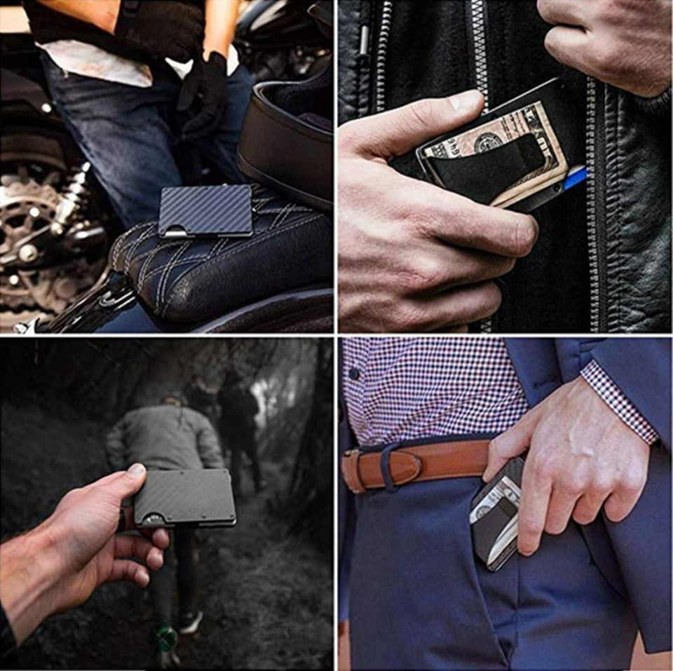 COMLIFE Cartera para Hombre Clip de Dinero de Metal con RFID Bloqueo Protección, Billetera de Tarjeta de Crédito de Aleación de aluminio y de Fibra de Carbono, Negro