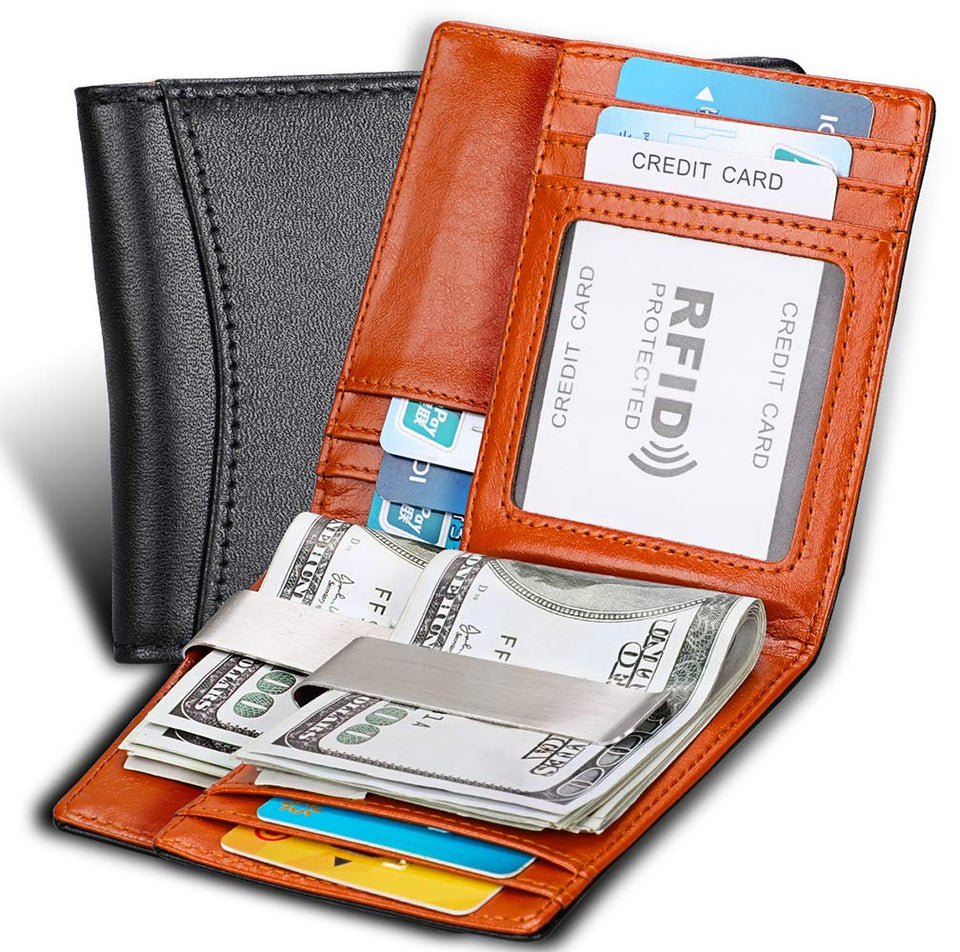 Carteras para Hombre RFID que Bloquean el Dinero Clip de Doble Pliegue Delgado Genuino Billetera de Cuero para Hombres con Ranura para Tarjeta de Crédito en La ventana con ID De bolsillo