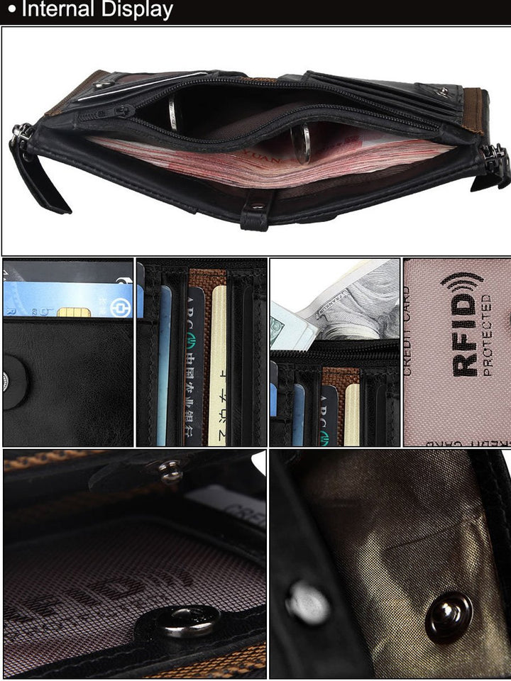 Carteras DOXUNGO para hombres Bloqueo RFID Bifold titular de cuero genuino Bifold Monedero Vintage grandes CWallets Vintage Bifold con cremallera Monedero