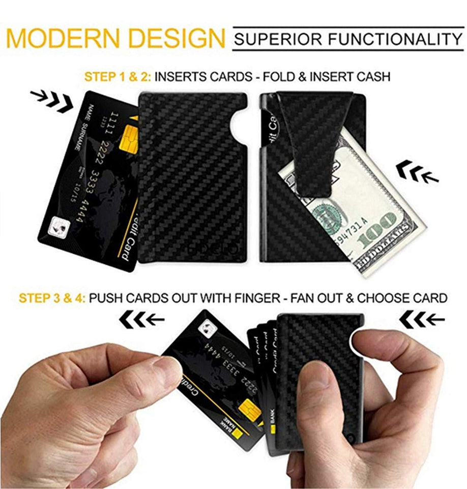 COMLIFE Cartera para Hombre Clip de Dinero de Metal con RFID Bloqueo Protección, Billetera de Tarjeta de Crédito de Aleación de aluminio y de Fibra de Carbono, Negro