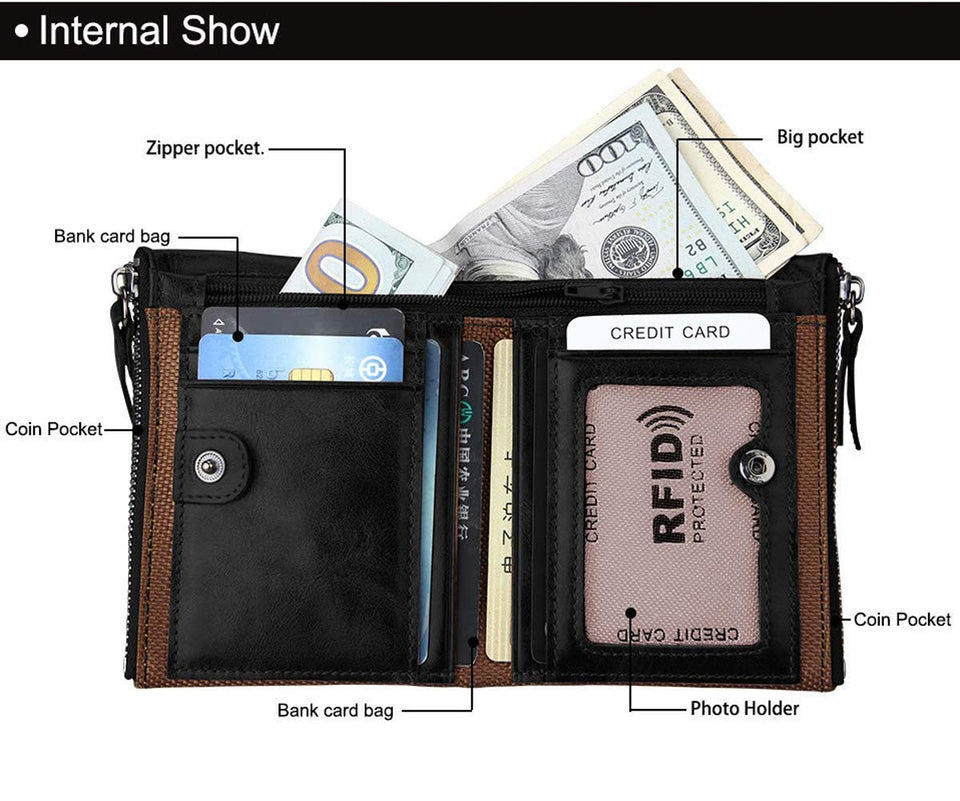 Carteras DOXUNGO para hombres Bloqueo RFID Bifold titular de cuero genuino Bifold Monedero Vintage grandes CWallets Vintage Bifold con cremallera Monedero